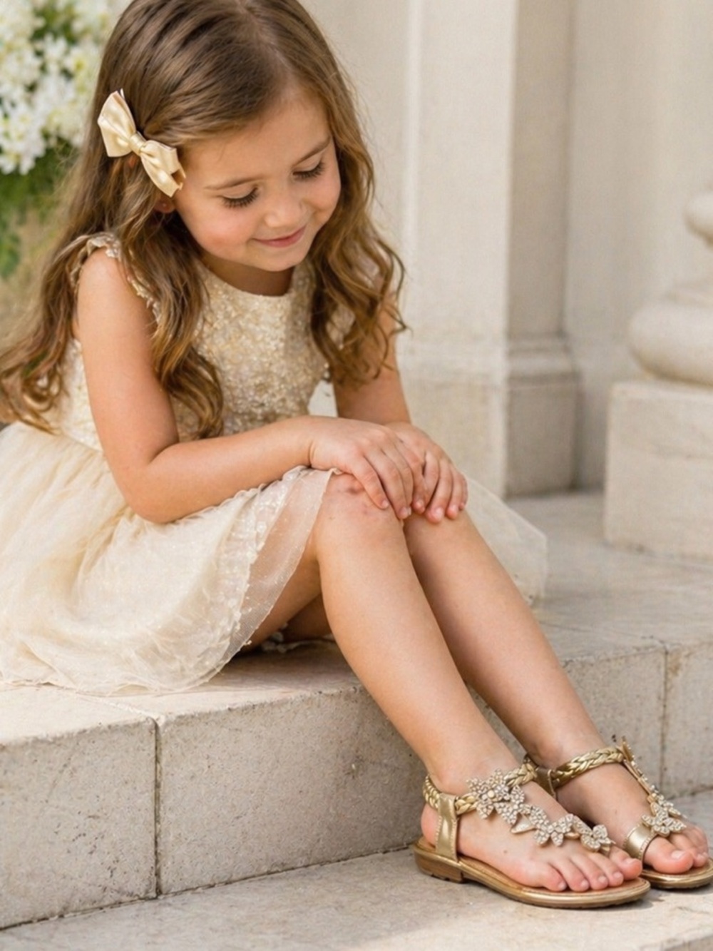 Girls Gold Sandals Size 2 Rhinestone Butterfly Dressy Slip On Kids
